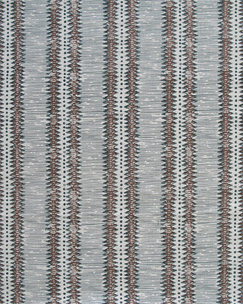 A chocolate brown cushion fabric with a hand-printed, zig-zag stripe design inspired by a West African ceremonial mask.