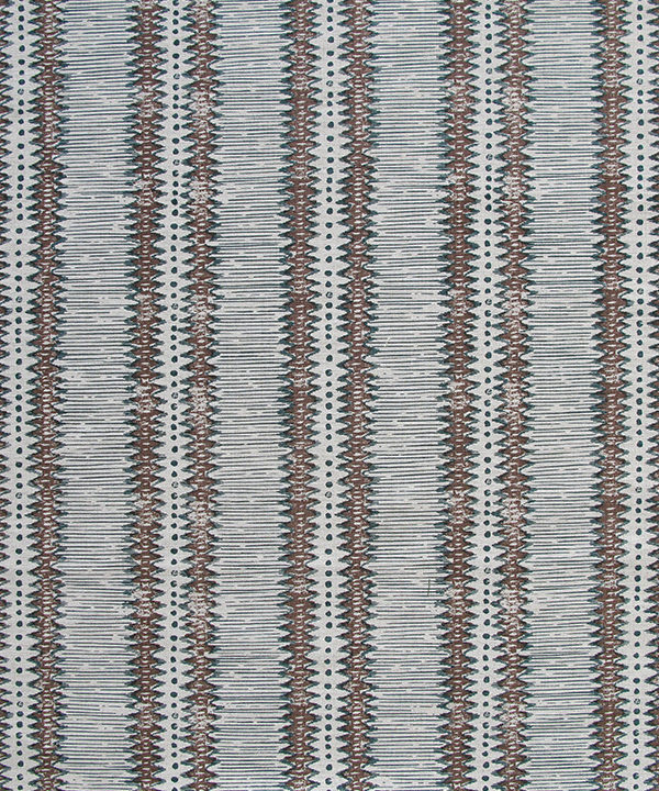 A chocolate brown cushion fabric with a hand-printed, zig-zag stripe design inspired by a West African ceremonial mask.