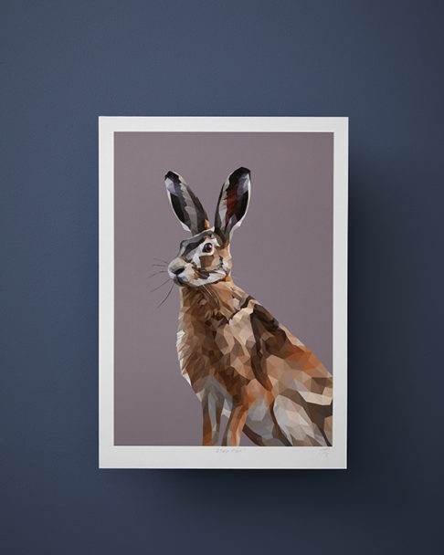 A digital hare print artwork set against a deep blue wall.