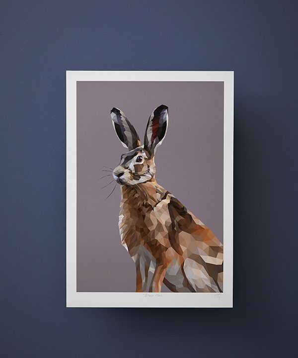 A digital hare print artwork set against a deep blue wall.