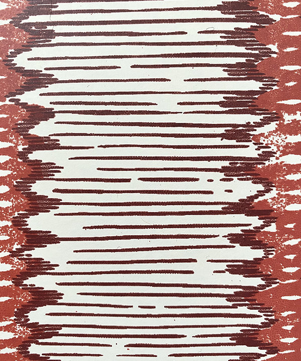 Detail of a striped red wallpaper inspired by West African patterns.