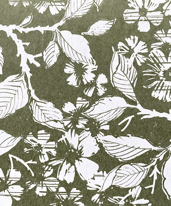 A bronze green hand-print wallpaper detail depicting a walled garden.