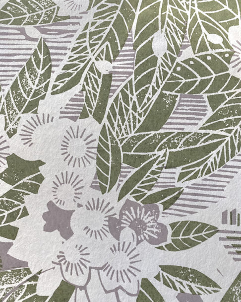 Lilac wallpaper detail with green accents depicting a rural garden setting.