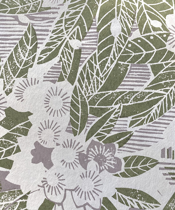 Lilac wallpaper detail with green accents depicting a rural garden setting.