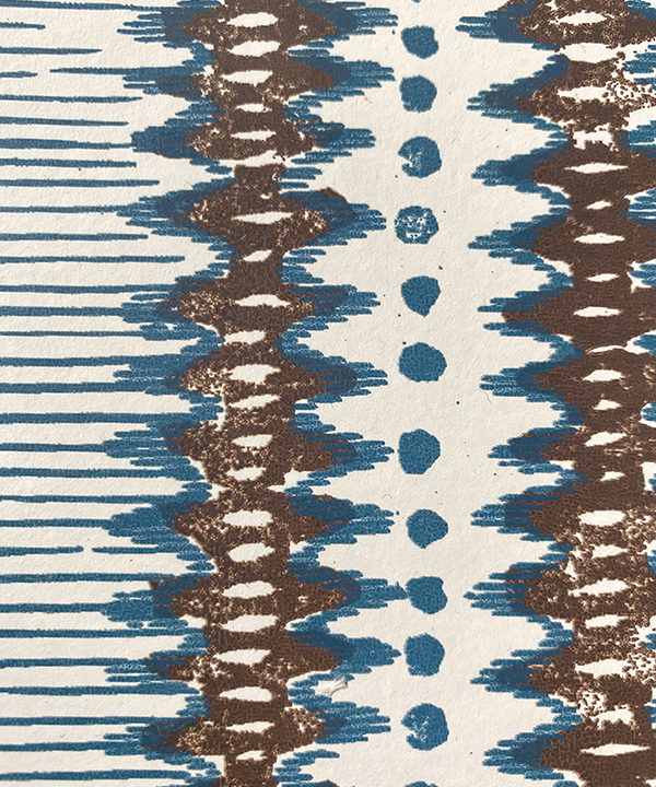 Detail of a zig-zag stripe wallpaper in blue and brown.