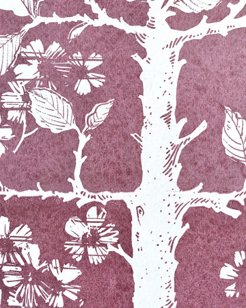 Detail of plum-coloured wallpaper depicting espaliered fruit trees in a walled garden.