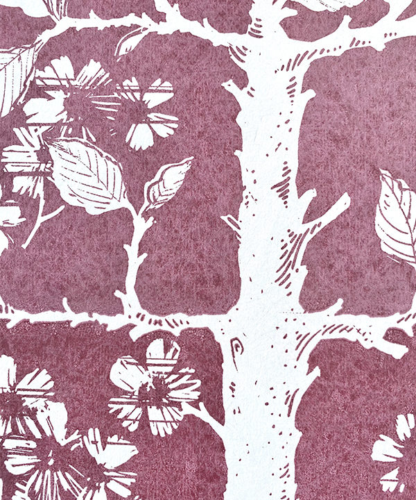 Detail of plum-coloured wallpaper depicting espaliered fruit trees in a walled garden.