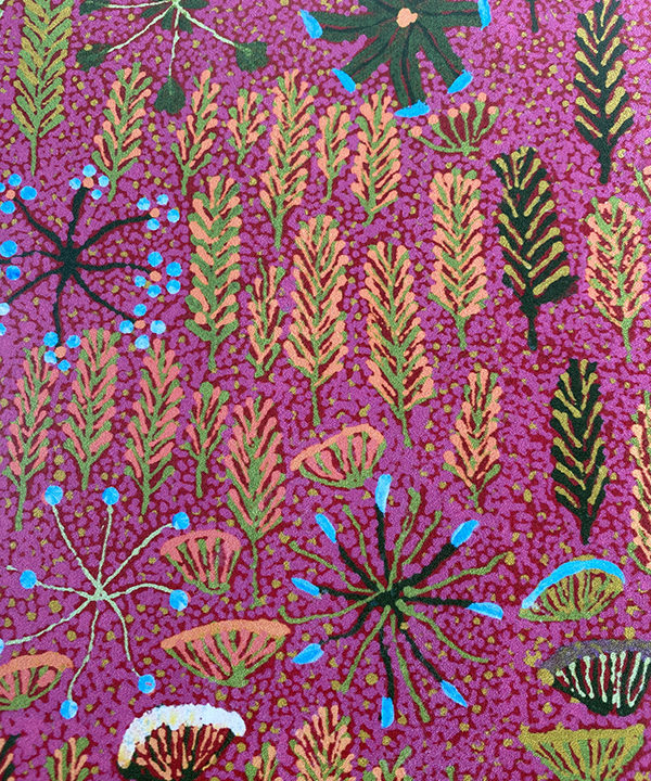 'Betty' indigenous Aboriginal art wallpaper in deep pink from Bay Gallery Home.