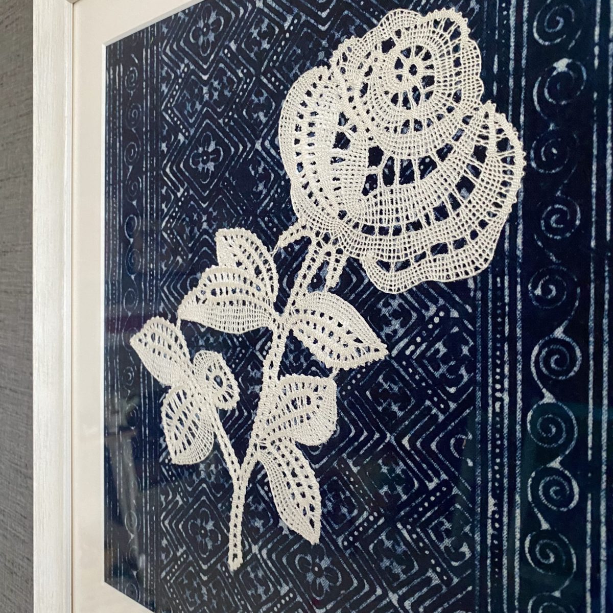 Textile art of bobbin lace rose and indigo - Designs By Origin