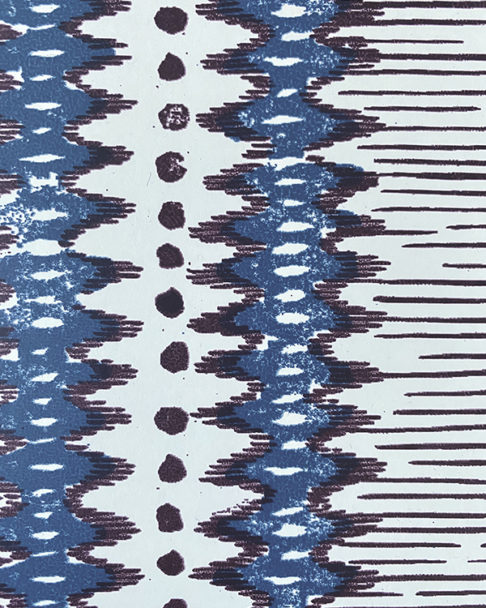 Indigo wallpapers detail. Aubergine tones add warmth to this West African-inspired design.