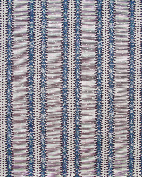 Aubergine stripe cushion fabric with zig-zag print and blue accents.