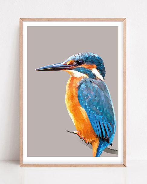 A colourful Kingfisher bird print depicting the familiar blue and orange plumage as a digital artwork shown here framed with a pale wood frame.