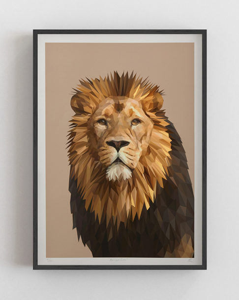 Lion wall art print fine art Giclée, digitally-rendered and hand-finished with gold leaf.