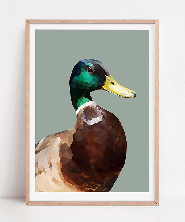 Male mallard duck print rendered digitally and sold unframed as a fine art Giclée print. Shown here with a pale wooden frame.