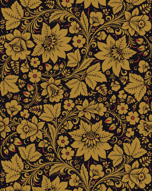 A folk wallpaper depicting flowers and leaves in the Russian Khokhloma style.