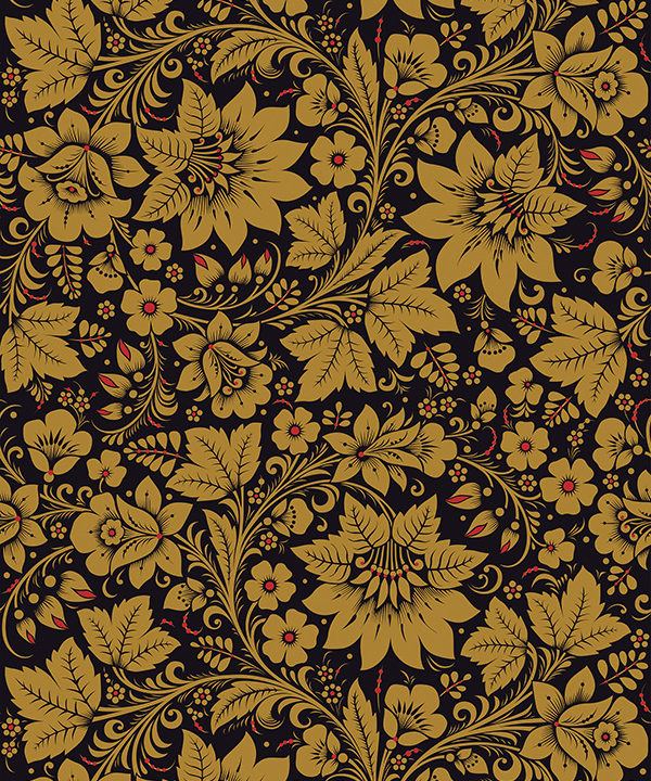 A folk wallpaper depicting flowers and leaves in the Russian Khokhloma style.