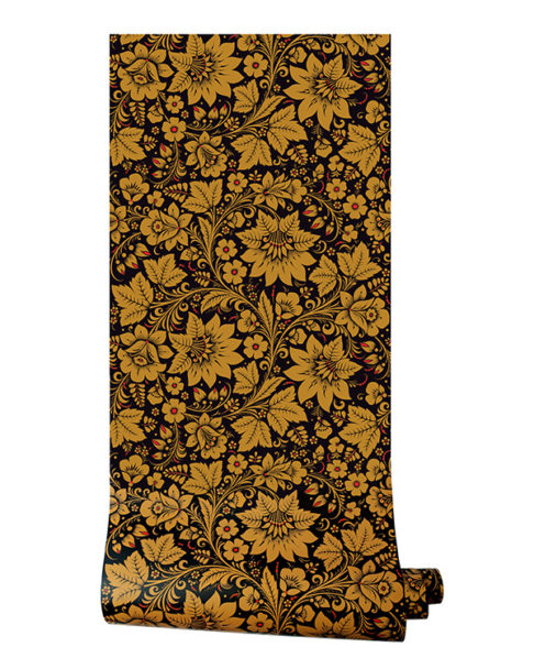 A roll of the Milana Russian folk art wallpaper in Gold.