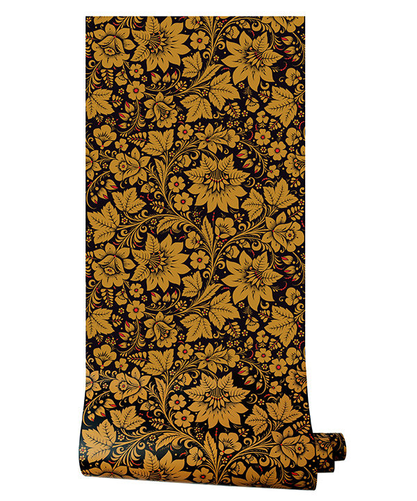 A roll of the Milana Russian folk art wallpaper in Gold.