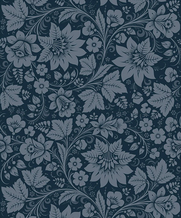 Milana in Graphite wallpaper, inspired by Russian folk florals, by Olenka Design.