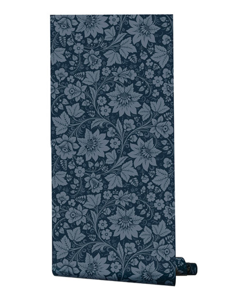 A length of Milana graphite blue Russian folk art floral wallpaper available through Telescope Style.