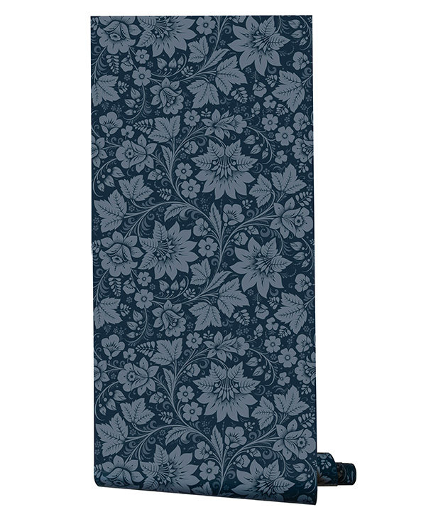 A length of Milana graphite blue Russian folk art floral wallpaper available through Telescope Style.