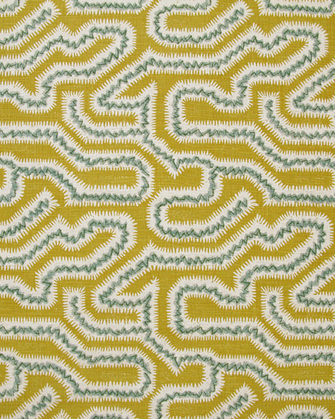 Mustard cushion fabric in hand-printed Moorish Maze linen.