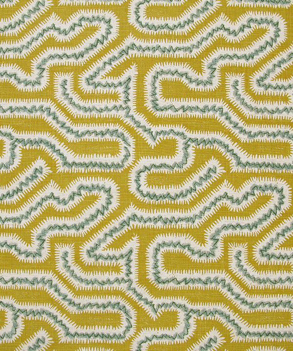 Mustard cushion fabric in hand-printed Moorish Maze linen.