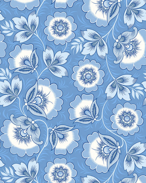 Folk art wallpaper in pretty blues derived from the traditional Russian craft of Khokhloma hand-painting on woodenware.