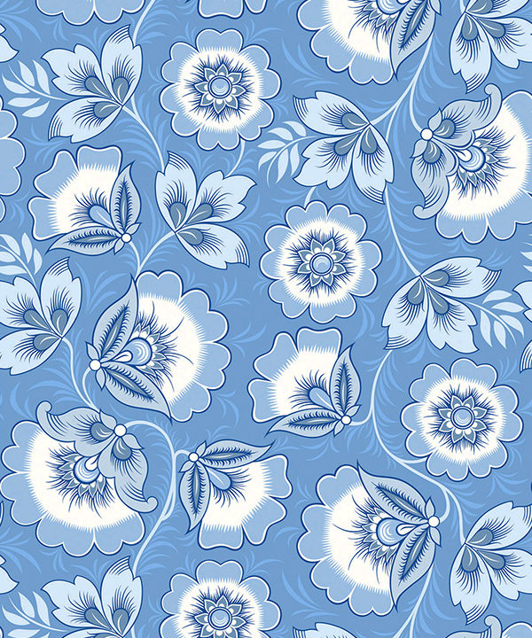 Folk art wallpaper in pretty blues derived from the traditional Russian craft of Khokhloma hand-painting on woodenware.