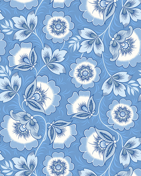 Folk art wallpaper in pretty blues derived from the traditional Russian craft of Khokhloma hand-painting on woodenware.