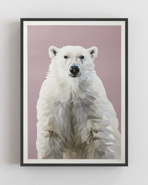 Polar bear artwork depicting this majestic creature against a soft mauve backdrop.