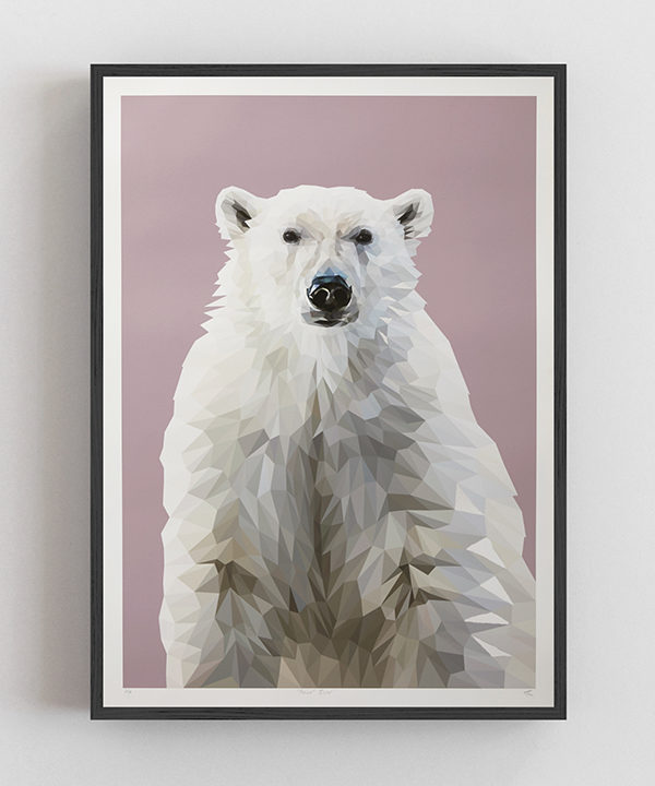 Polar bear artwork depicting this majestic creature against a soft mauve backdrop.