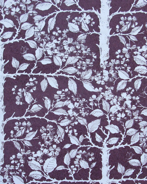 Plum-coloured wallpaper depicting espaliered fruit trees in a walled garden.