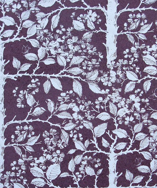 Plum-coloured wallpaper depicting espaliered fruit trees in a walled garden.