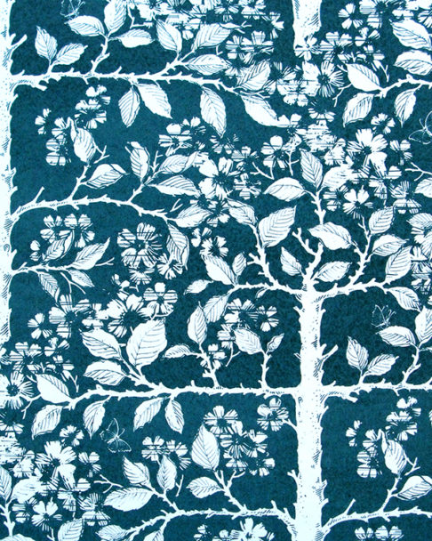 Wallpaper in indigo depicting espaliered fruit trees in a walled garden.