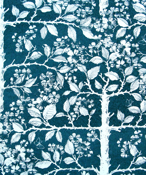 Wallpaper in indigo depicting espaliered fruit trees in a walled garden.