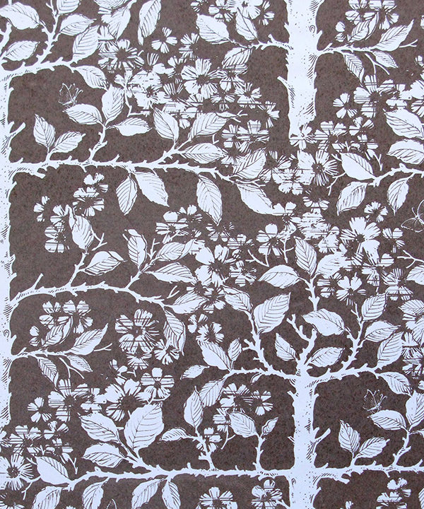 Smoke-coloured wallpaper depicting espaliered fruit trees in a walled garden.