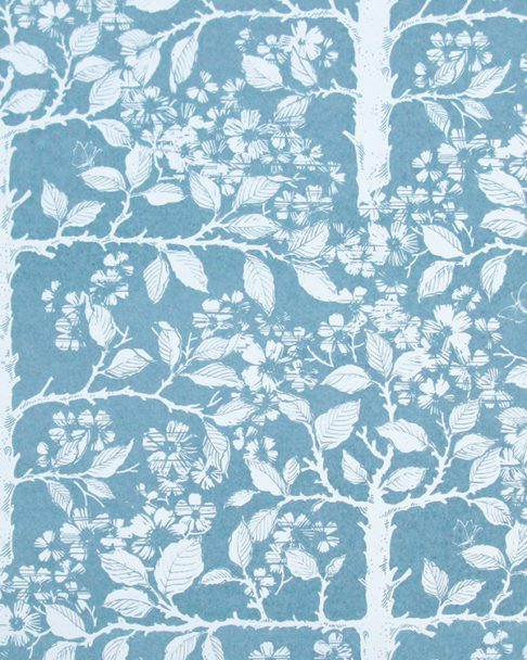 Soft blue wallpaper depicting espaliered fruit trees in a walled garden.