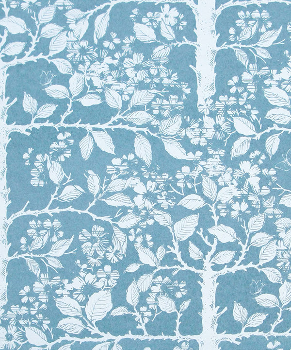 Soft blue wallpaper depicting espaliered fruit trees in a walled garden.