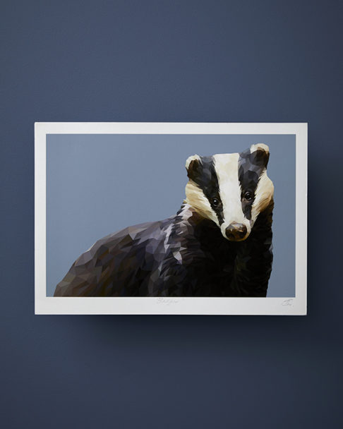 A modern, badger artwork print rendered as a fine art Giclée against a blue background.