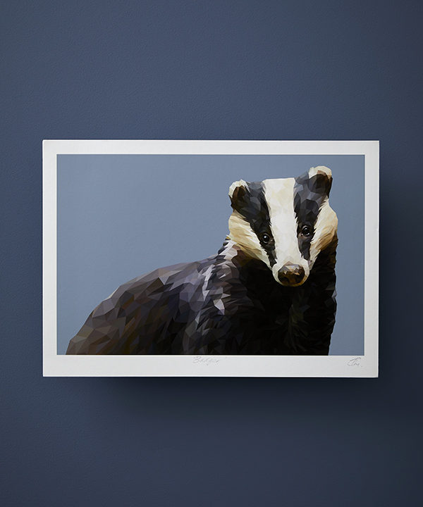 A modern, badger artwork print rendered as a fine art Giclée against a blue background.