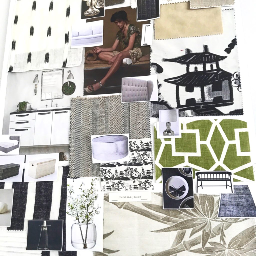 An Asian-inspired interior design moodboard in soft sage greens and monochrome - get inspired for your lockdown decorating project.