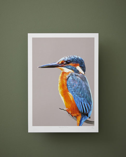 A Kingfisher print depicting the familiar orange and blue plumage shown against a green background.