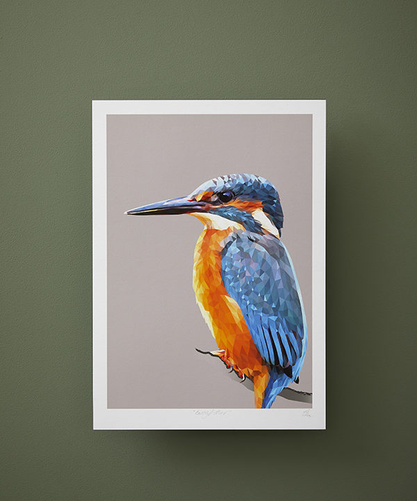 A Kingfisher print depicting the familiar orange and blue plumage shown against a green background.