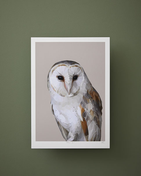 Barn owl art print on a soft grey ground against a deep green wall.