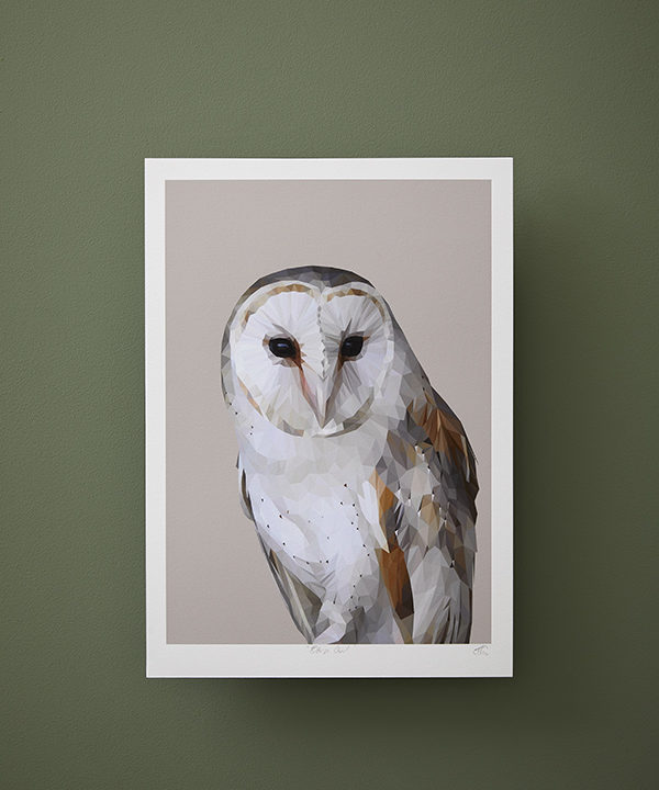 Barn owl art print on a soft grey ground against a deep green wall.