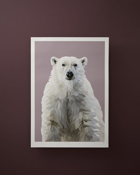 A Polar bear print unframed against a plum-hued backdrop.