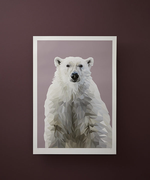 A Polar bear print unframed against a plum-hued backdrop.