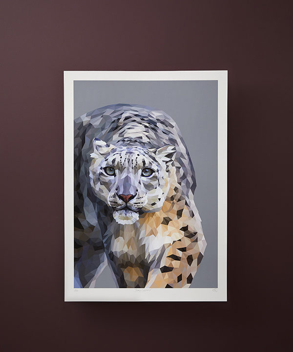 A snow leopard print created as a digital fine art piece and available as a fine art Giclée print.