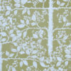 Patterned chartreuse wallpaper depicting fruit trees in a walled garden.